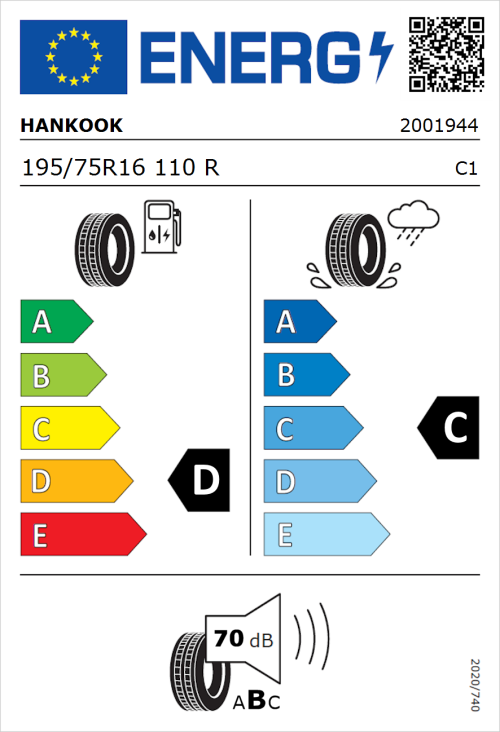 Tyre Label for Hankook Vantra LT RA18 195/75R16 110R