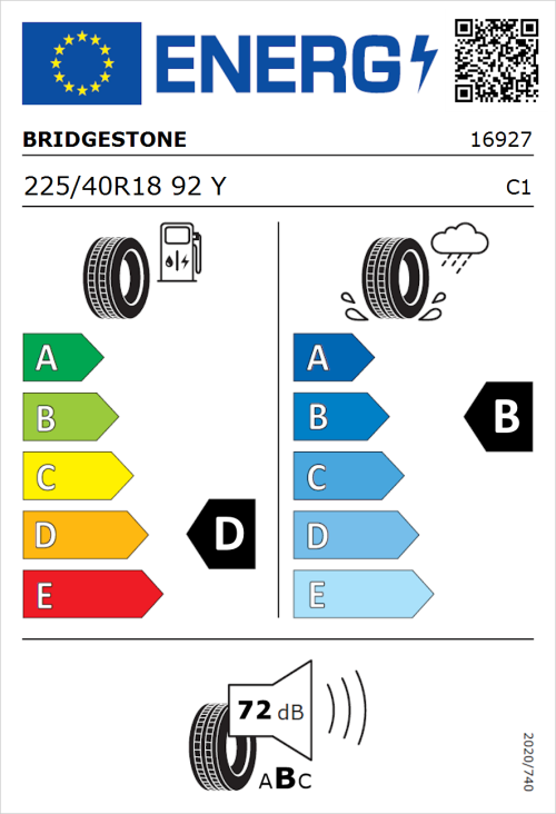 Tyre Label for Bridgestone Potenza RE050A 225/40R18 92Y
