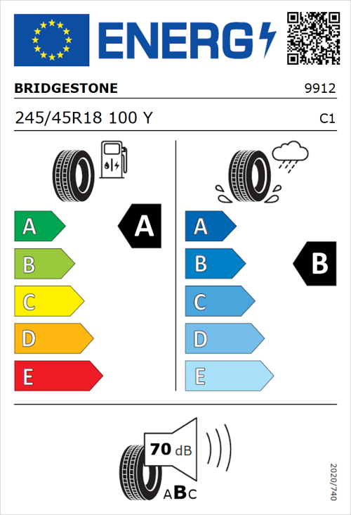 Tyre Label for Bridgestone Turanza T005 245/45R18 100Y
