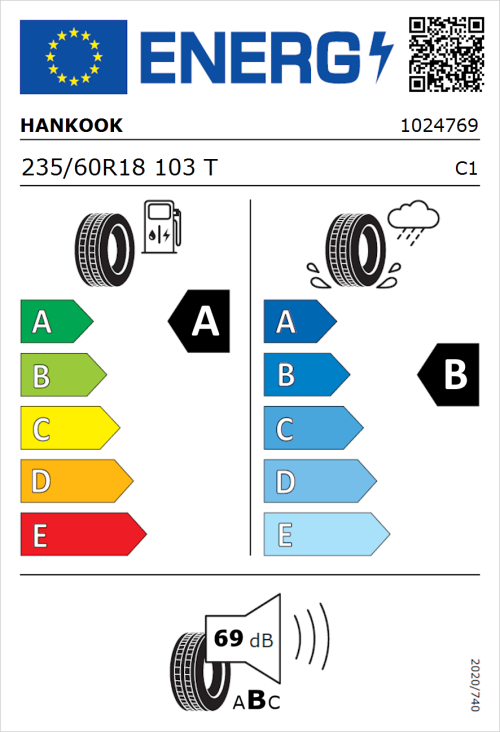 Tyre Label for Hankook Ventus S1 evo3 EV K127E 235/60R18 103T