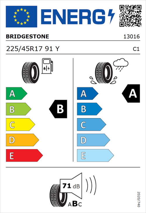 Tyre Label for Bridgestone Turanza T005 225/45R17 91Y