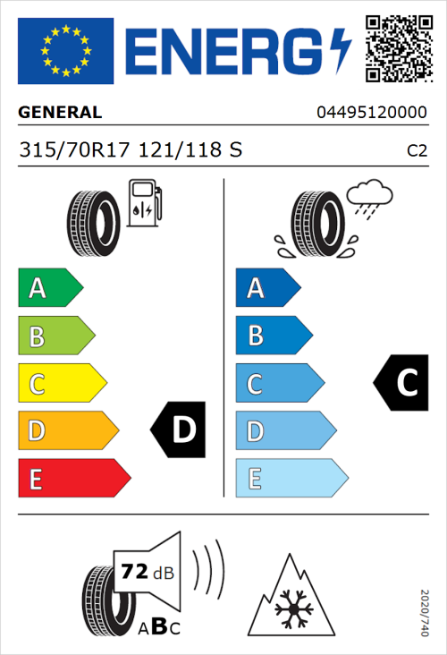 Tyre Label for General Grabber AT 3 315/70R17 121/118S