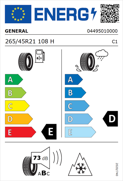 Tyre Label for General Grabber AT 3 265/45R21 108H