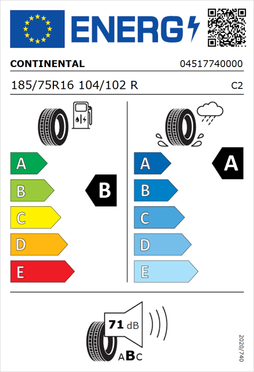 Tyre Label for Continental VanContact Ultra 185/75R16 104/102R