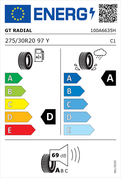 Tyre Label for GT Radial SportActive 2 275/30R20 97Y