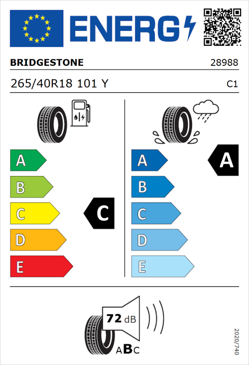 Tyre Label for Bridgestone Potenza Sport Evo 265/40R18 101Y