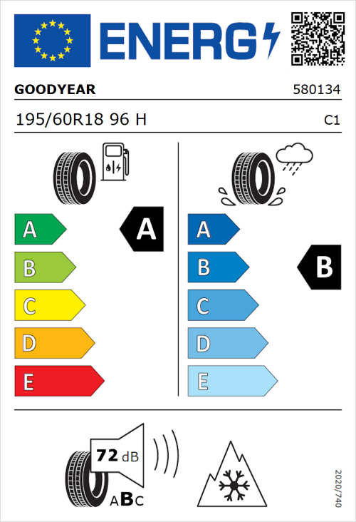 Tyre Label for Goodyear Vector 4Seasons Gen-3 195/60R18 96H
