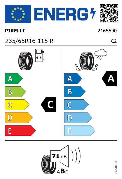 Tyre Label for Pirelli Carrier 235/65R16 115R