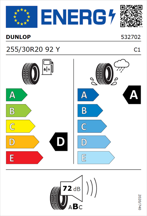 Tyre Label for Dunlop SP Sport Maxx RT 2 255/30R20 92Y